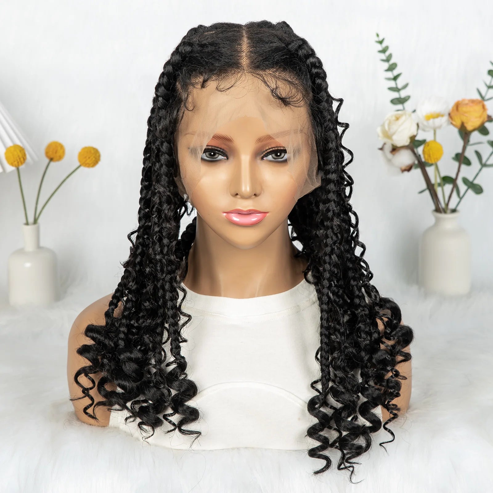 Braided Wigs 16inches Full Lace Swiss Lace Large Box Braids Boho Hairstyles Curly End Wigs for Women Short Bob Wig Knotless