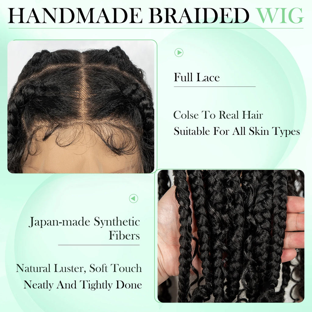 Braided Wigs 16inches Full Lace Swiss Lace Large Box Braids Boho Hairstyles Curly End Wigs for Women Short Bob Wig Knotless