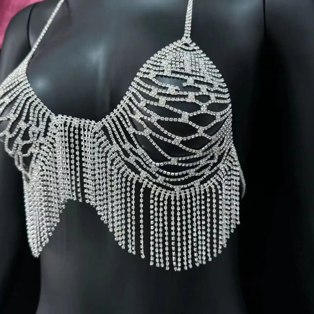 European and American fashion accessories sexy rhinestone bikini bra chain shiny full diamond tassel body chain accessories