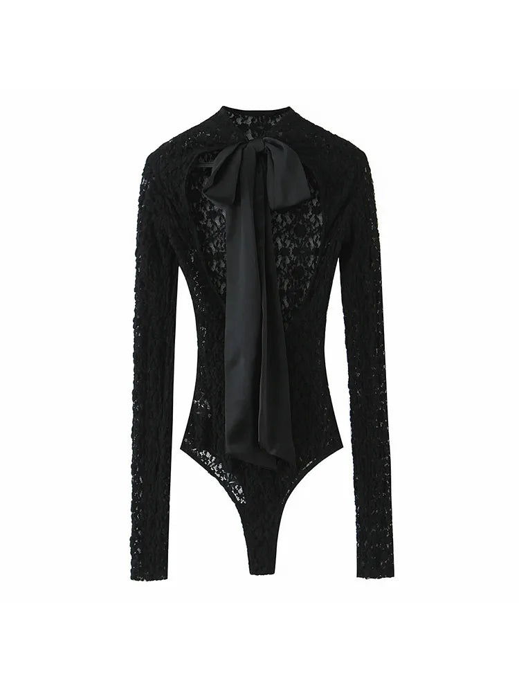 Women 2025 Autumn New Lace Bodysuit Women's Bodysuit Black Cutwork O-Neck Long Sleeves Bodysuits+Splicing Mini Skirt Suit