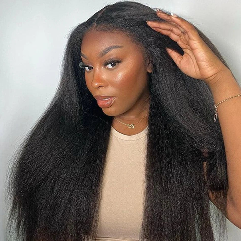 250 Density 13x6 HD Lace Frontal Yaki Straight Glueless Human Kinky Hair Pre Plucked Transparent Perruque Cheveux Humains
