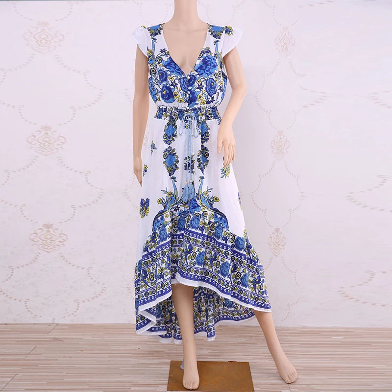 Customizable Duzeala 2022 New Women Summer Boho Beach Maxi Dress Sexy V Neck Vintage Print Long Dresses Casual Sundress Dress