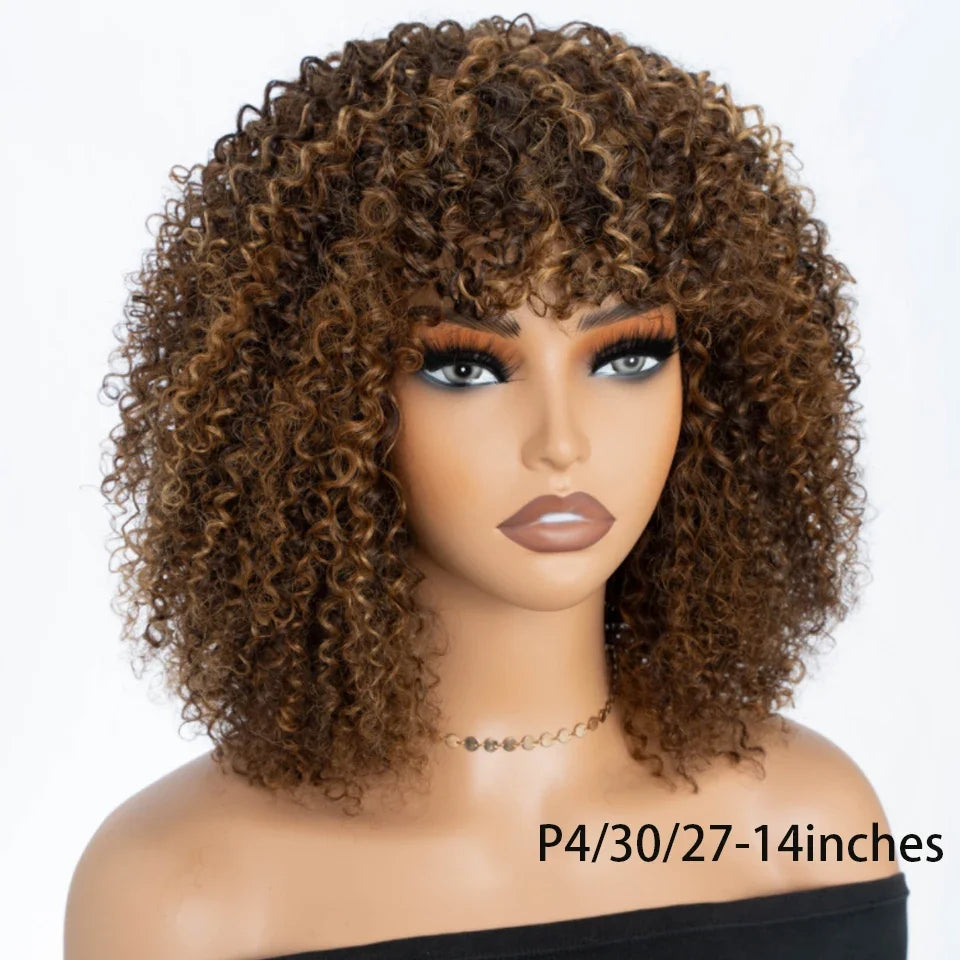 Brazilian Short Curly Human Hair Wig Natural Brown Color Afro Kinky Curly Human Hair Wigs with Bangs Wear To Go Glueless Wig