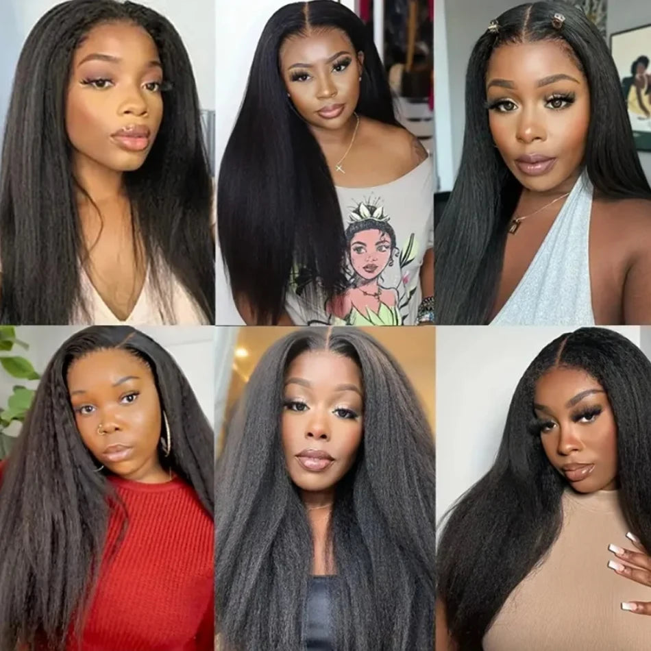 250 Density 13x6 HD Lace Frontal Yaki Straight Glueless Human Kinky Hair Pre Plucked Transparent Perruque Cheveux Humains