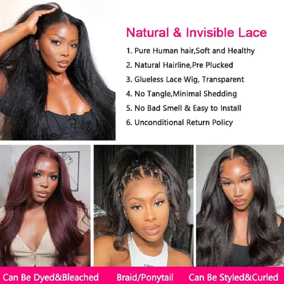 250 Density 13x6 HD Lace Frontal Yaki Straight Glueless Human Kinky Hair Pre Plucked Transparent Perruque Cheveux Humains