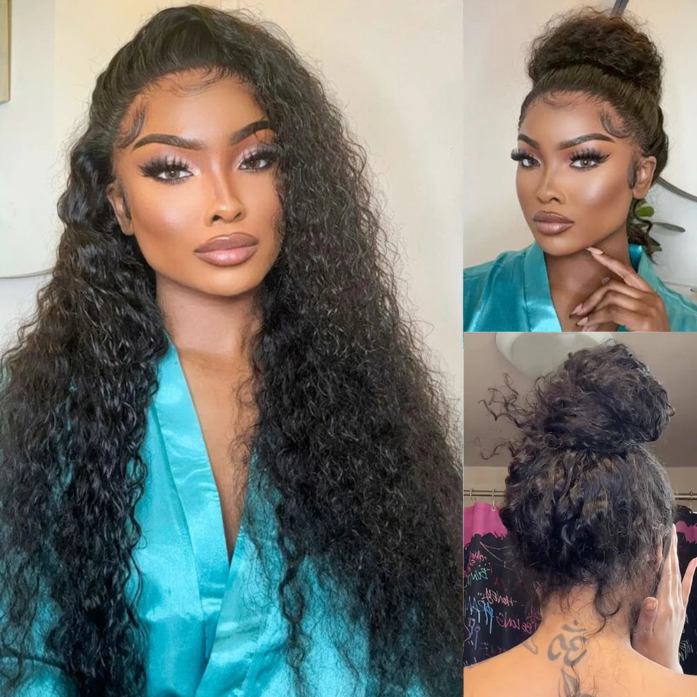 250 Density Deep Wave Frontal Wig Invisible Strap 360 HD Full Lace Glueless Wig 30 Inch Water Wave Lace Front Wig Human Hair