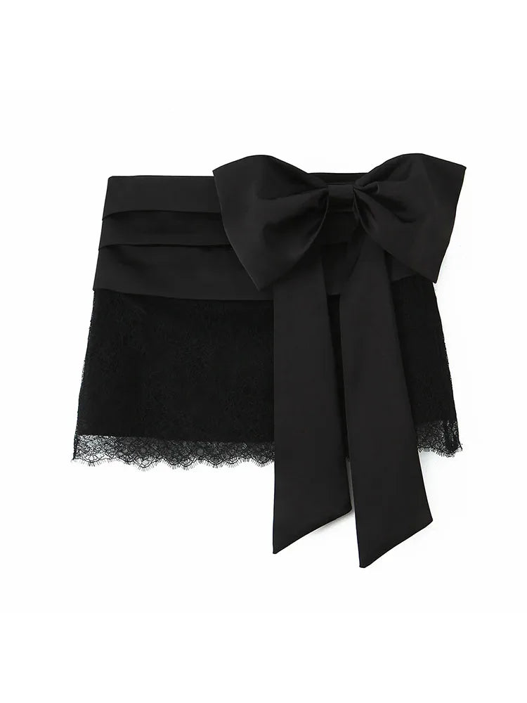 Women 2025 Autumn New Lace Bodysuit Women's Bodysuit Black Cutwork O-Neck Long Sleeves Bodysuits+Splicing Mini Skirt Suit