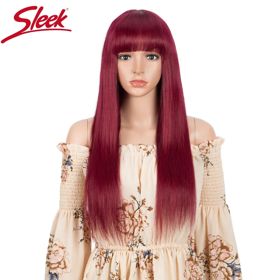 Sleek Red Human Hair Wigs 28 Inch Long Straight Hair Wig With Bangs For Women Colored Brazilian Hair Wig Red Cosplay Bob Wig