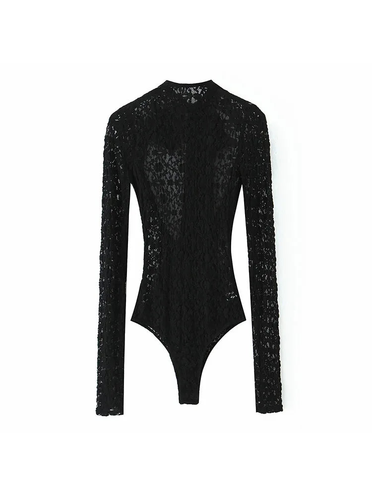 Women 2025 Autumn New Lace Bodysuit Women's Bodysuit Black Cutwork O-Neck Long Sleeves Bodysuits+Splicing Mini Skirt Suit
