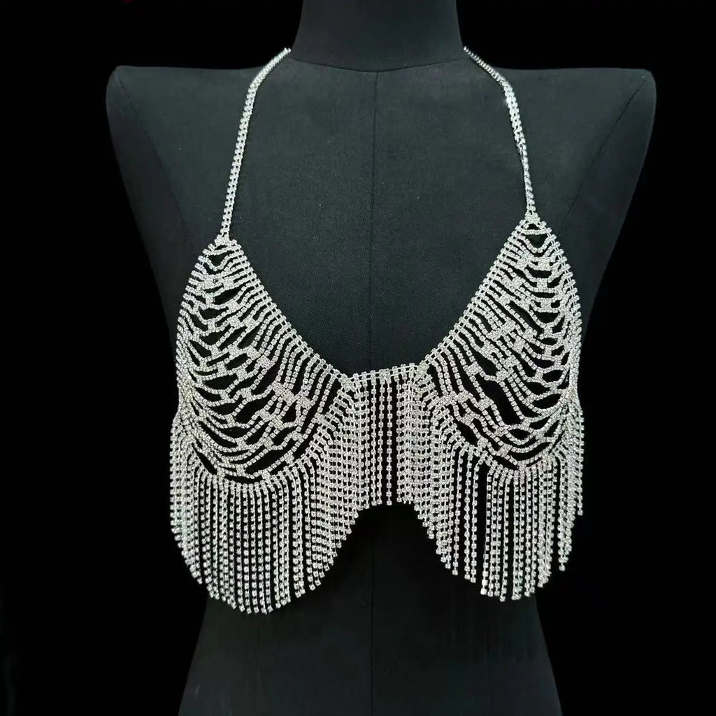 European and American fashion accessories sexy rhinestone bikini bra chain shiny full diamond tassel body chain accessories