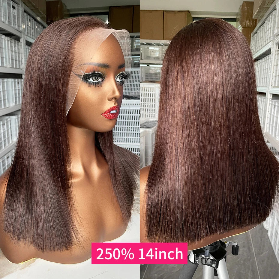 100% Raw Vietnamese Double Drawn 13x4 Bob Human Hair Wig Bone Straight Lace Frontal Human Hair Wigs #2 Brown Colored 250 Density