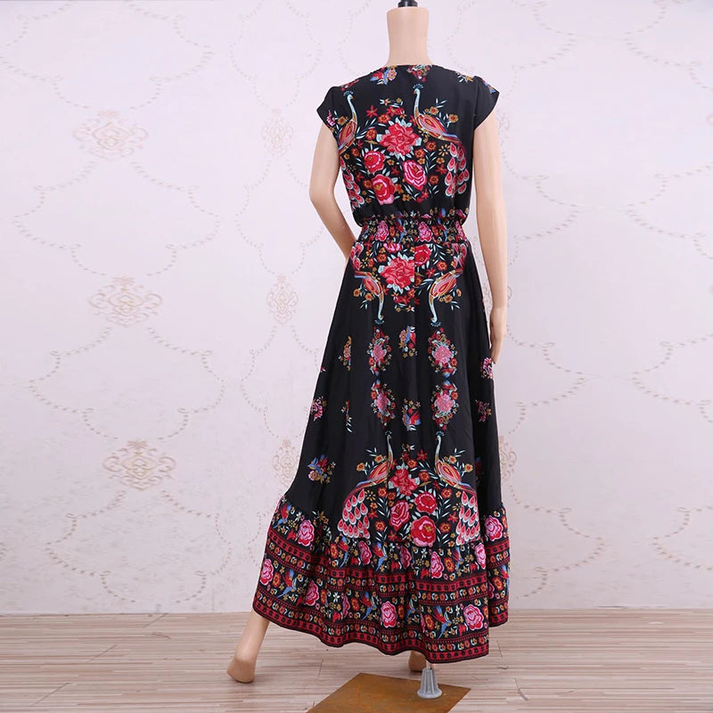 Customizable Duzeala 2022 New Women Summer Boho Beach Maxi Dress Sexy V Neck Vintage Print Long Dresses Casual Sundress Dress