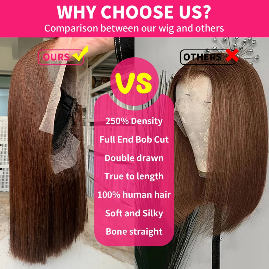 100% Raw Vietnamese Double Drawn 13x4 Bob Human Hair Wig Bone Straight Lace Frontal Human Hair Wigs #2 Brown Colored 250 Density