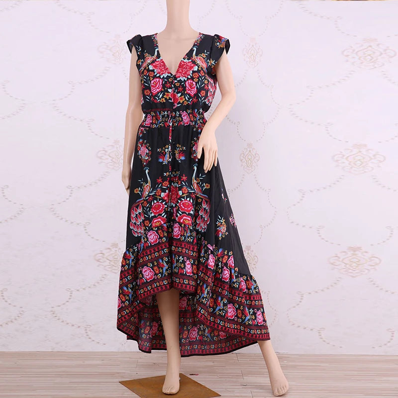 Customizable Duzeala 2022 New Women Summer Boho Beach Maxi Dress Sexy V Neck Vintage Print Long Dresses Casual Sundress Dress