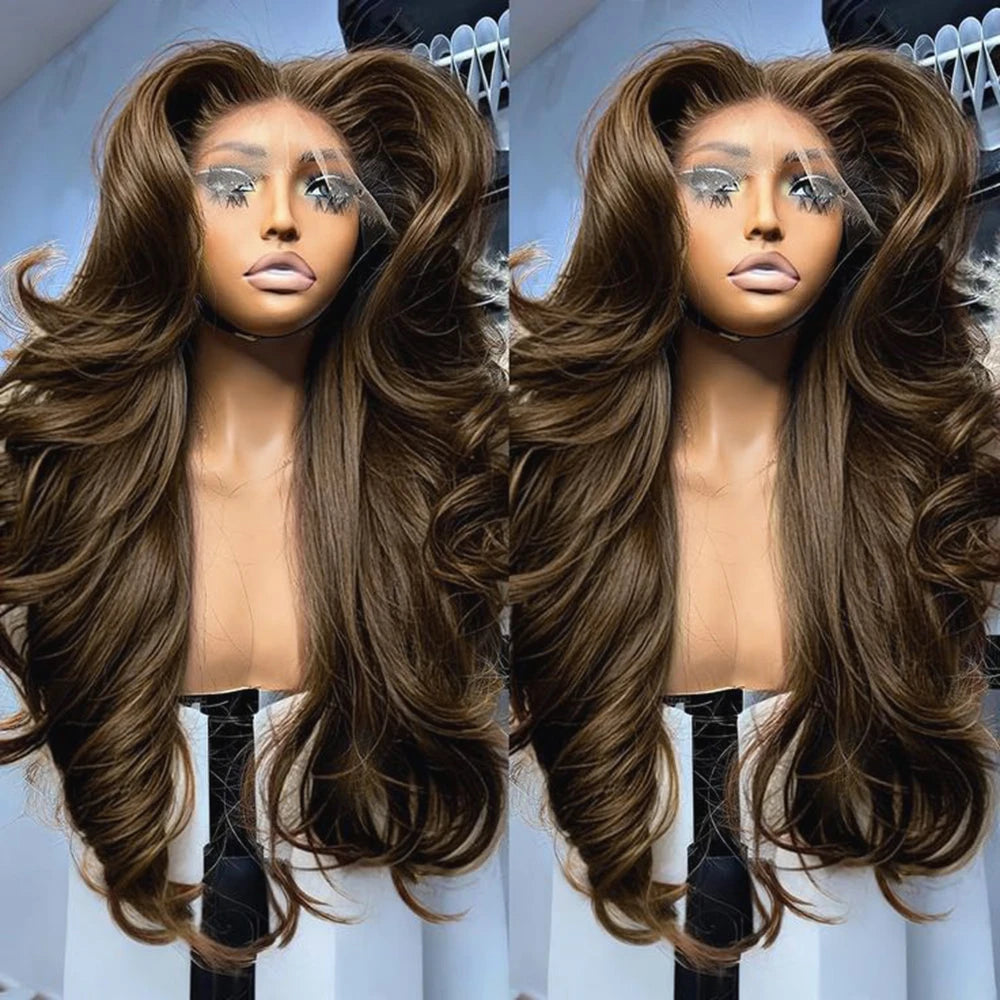 Brown Heat Resistant Fiber13X6 Synthetic Lace Front Wigs For Women Chocolate Brown Body Wave 13X4 Lace Frontal Wig 200% Density