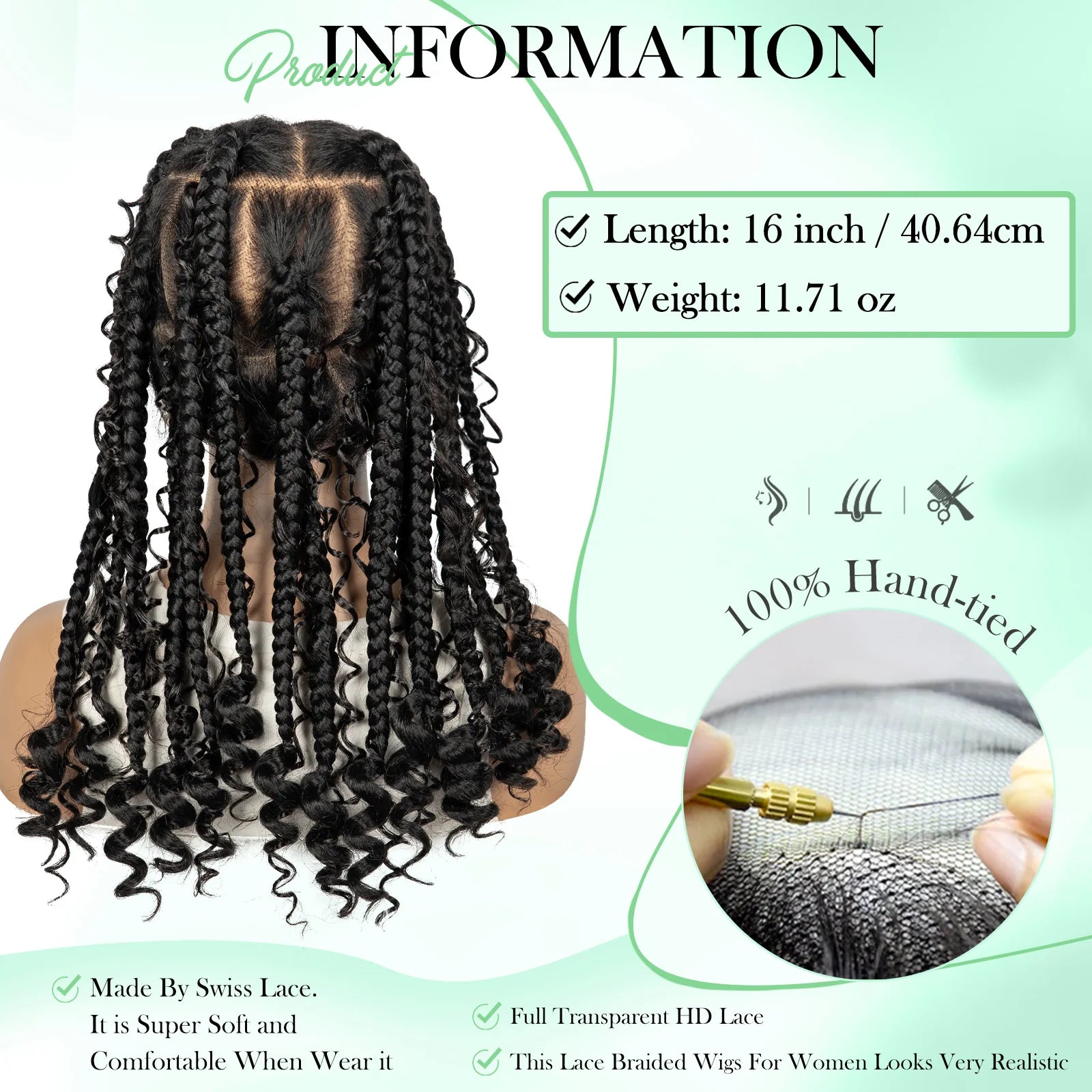 Braided Wigs 16inches Full Lace Swiss Lace Large Box Braids Boho Hairstyles Curly End Wigs for Women Short Bob Wig Knotless