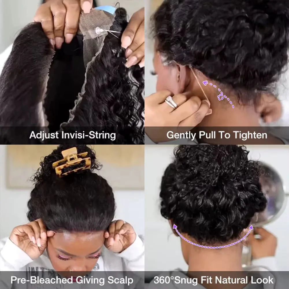 250 Density Deep Wave Frontal Wig Invisible Strap 360 HD Full Lace Glueless Wig 30 Inch Water Wave Lace Front Wig Human Hair