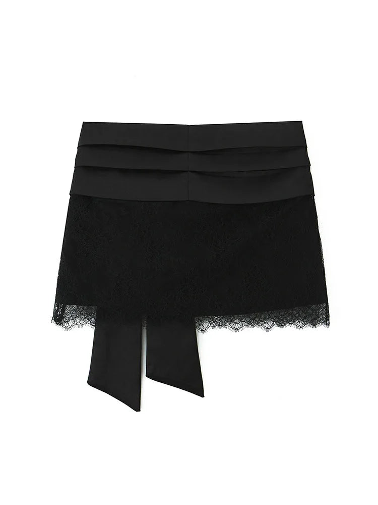 Women 2025 Autumn New Lace Bodysuit Women's Bodysuit Black Cutwork O-Neck Long Sleeves Bodysuits+Splicing Mini Skirt Suit