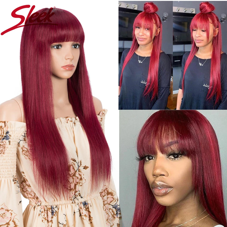 Sleek Red Human Hair Wigs 28 Inch Long Straight Hair Wig With Bangs For Women Colored Brazilian Hair Wig Red Cosplay Bob Wig