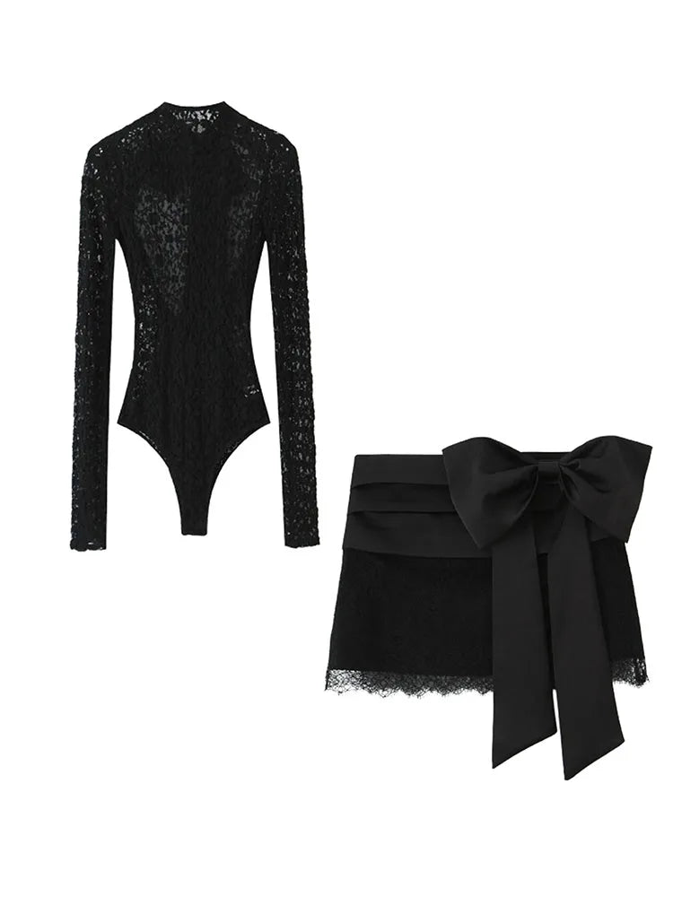 Women 2025 Autumn New Lace Bodysuit Women's Bodysuit Black Cutwork O-Neck Long Sleeves Bodysuits+Splicing Mini Skirt Suit