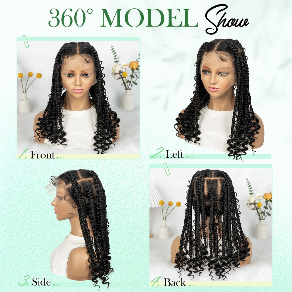 Braided Wigs 16inches Full Lace Swiss Lace Large Box Braids Boho Hairstyles Curly End Wigs for Women Short Bob Wig Knotless
