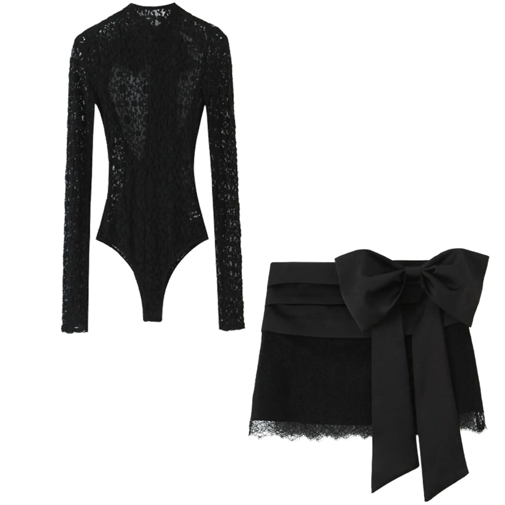 Women 2025 Autumn New Lace Bodysuit Women's Bodysuit Black Cutwork O-Neck Long Sleeves Bodysuits+Splicing Mini Skirt Suit