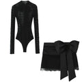 Women 2025 Autumn New Lace Bodysuit Women's Bodysuit Black Cutwork O-Neck Long Sleeves Bodysuits+Splicing Mini Skirt Suit