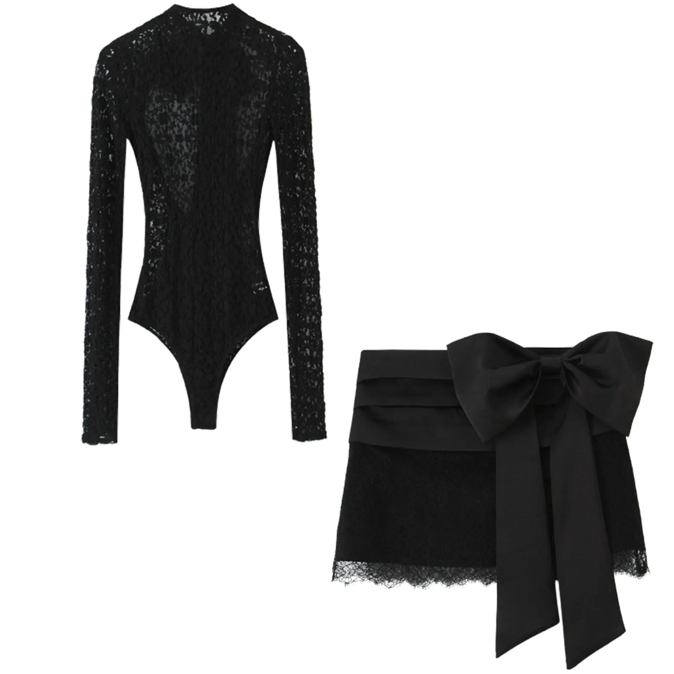 Women 2025 Autumn New Lace Bodysuit Women's Bodysuit Black Cutwork O-Neck Long Sleeves Bodysuits+Splicing Mini Skirt Suit