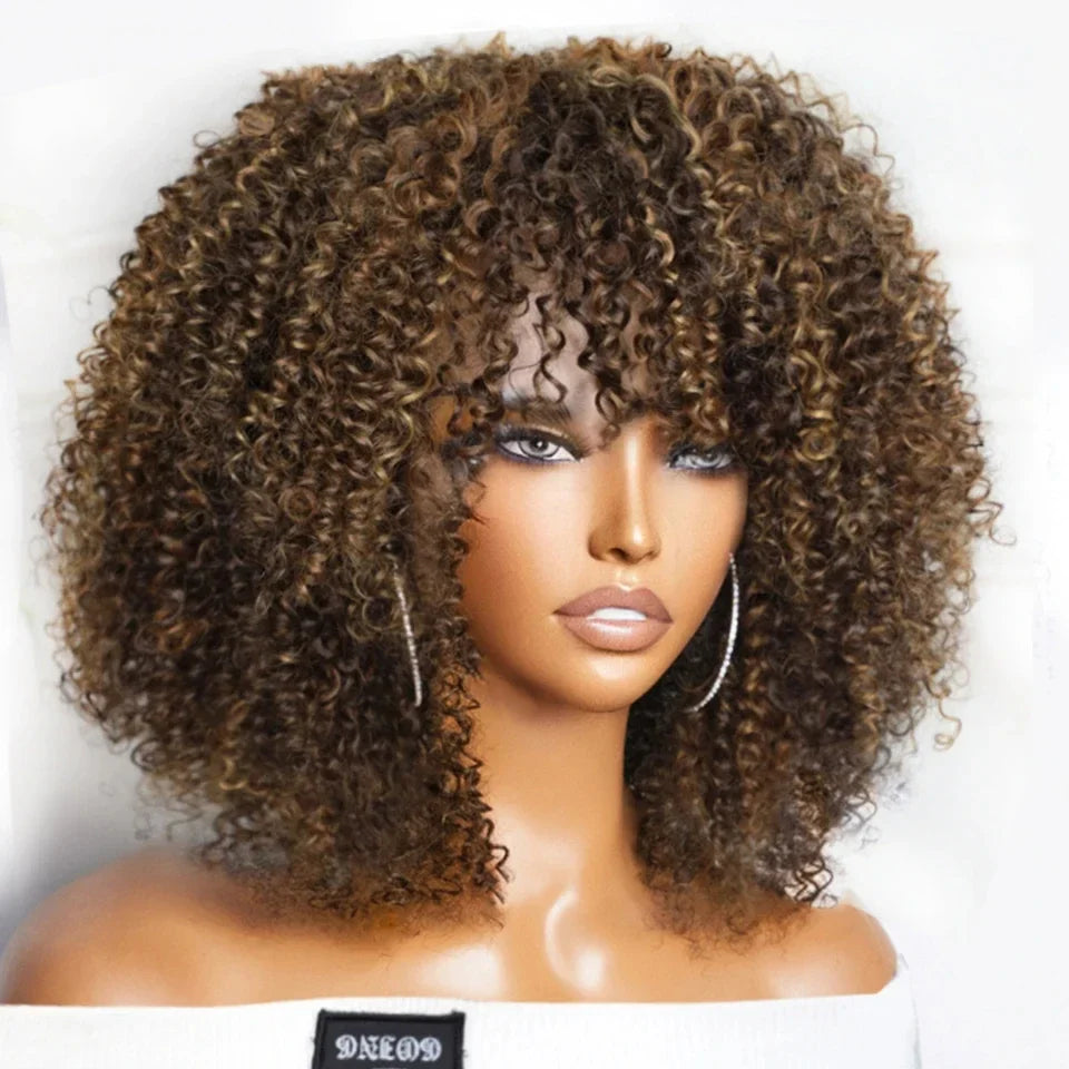 Brazilian Short Curly Human Hair Wig Natural Brown Color Afro Kinky Curly Human Hair Wigs with Bangs Wear To Go Glueless Wig