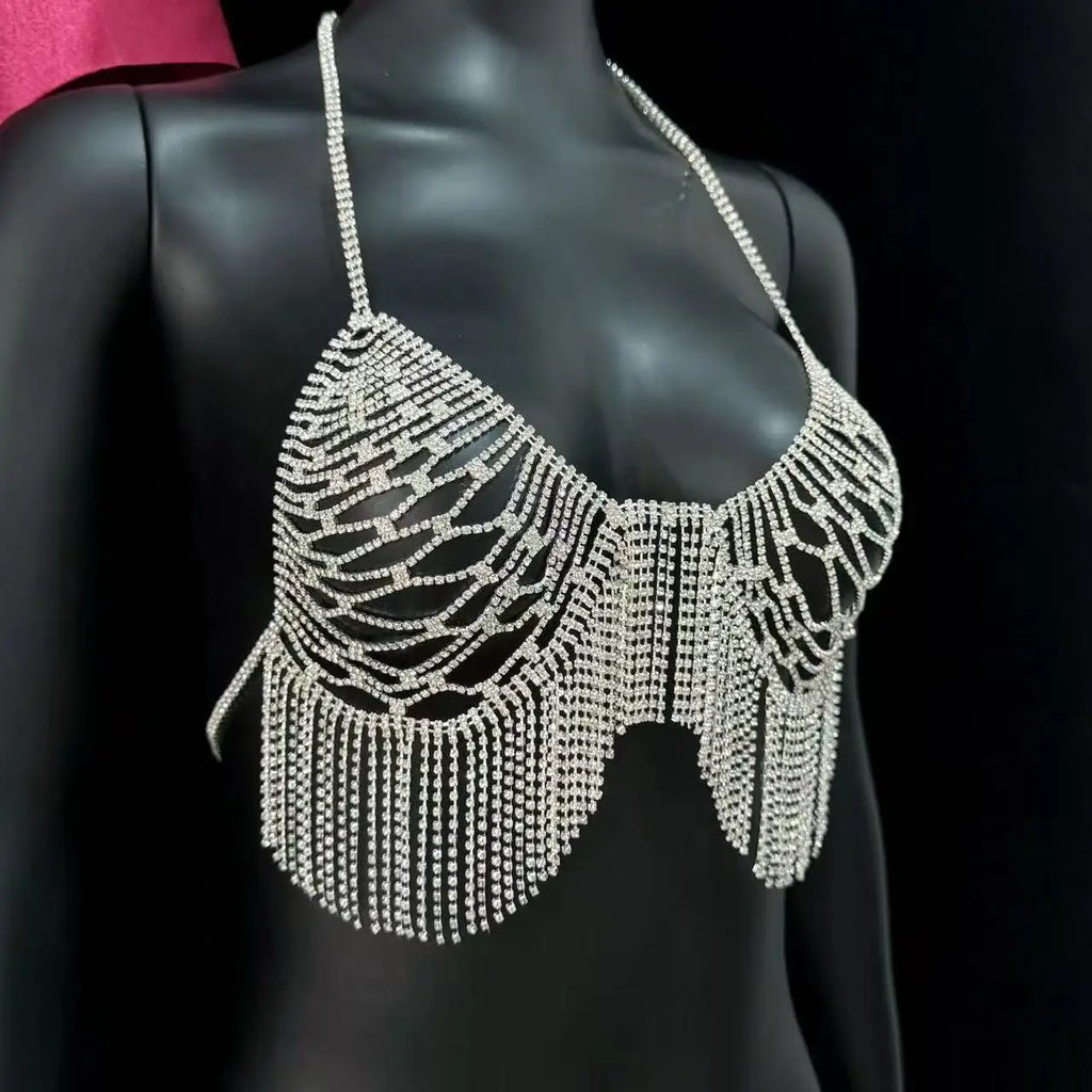 European and American fashion accessories sexy rhinestone bikini bra chain shiny full diamond tassel body chain accessories