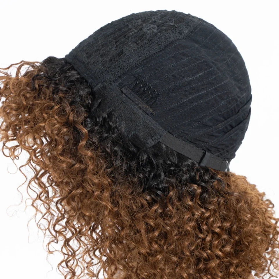 Brazilian Short Curly Human Hair Wig Natural Brown Color Afro Kinky Curly Human Hair Wigs with Bangs Wear To Go Glueless Wig