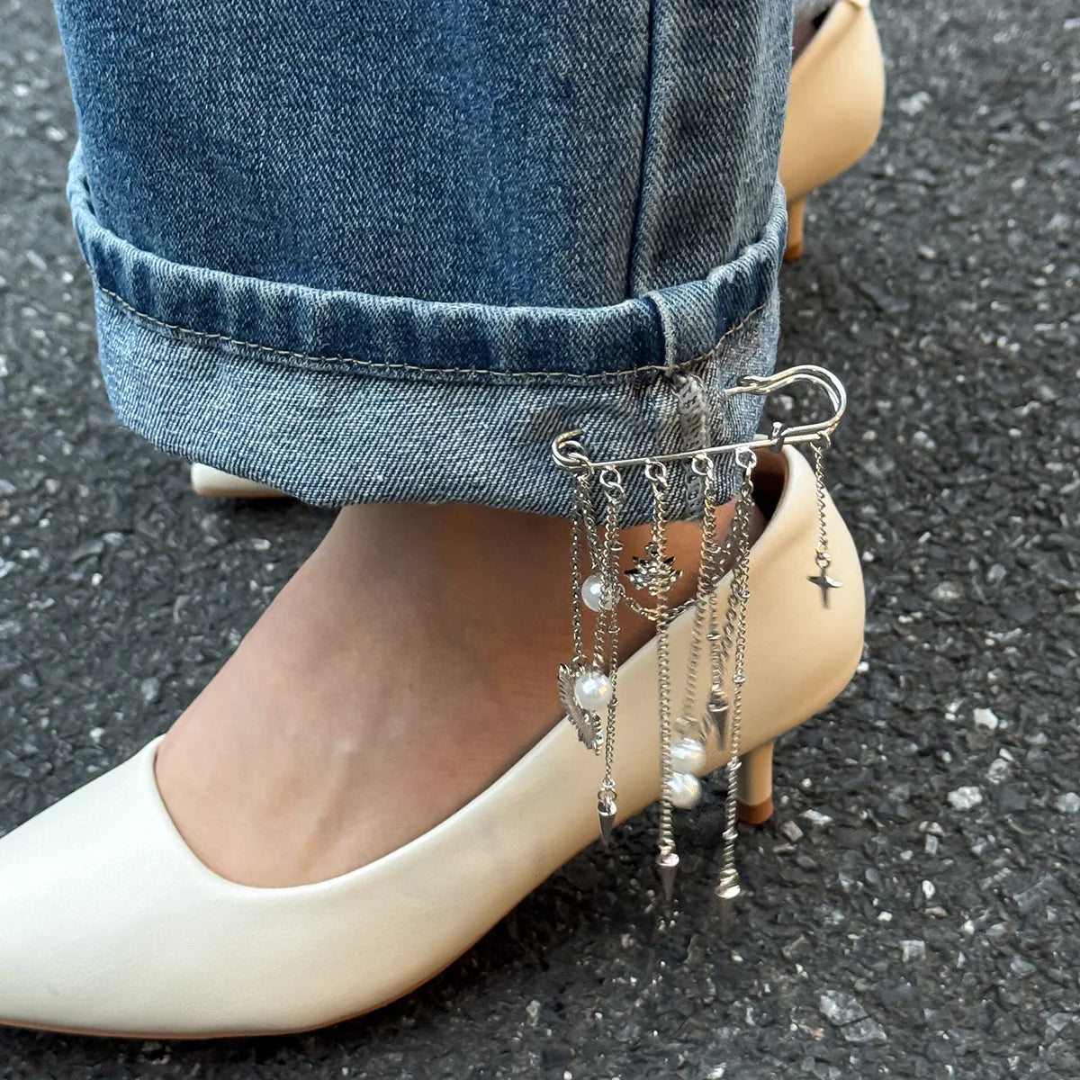 Fashion Evil Eye Pearl Brooch Detachable Tassel Fixed Clothes Pin Waist Buckle Button Clasps Trouser Leg Decorative