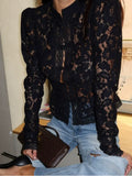 Retro Solid Chinese Hollow Lace Shirt Women Chic O Neck Long Sleeve Slim Knit Top Summer 2025 Fashion New Street Floral Blouses