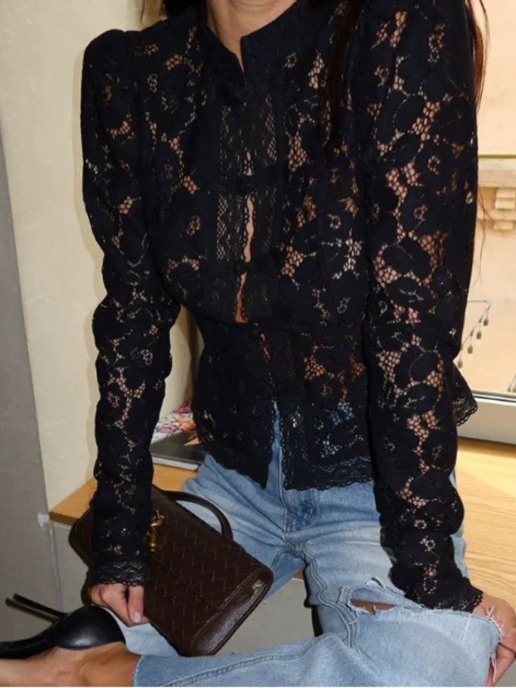 Retro Solid Chinese Hollow Lace Shirt Women Chic O Neck Long Sleeve Slim Knit Top Summer 2025 Fashion New Street Floral Blouses