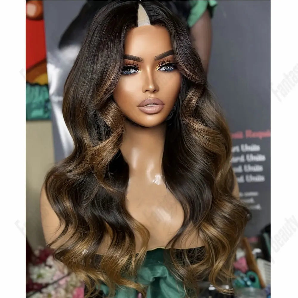 Natural Human Hair V Part Wig for Black Women Adjustable Honey Brown Balayage Loose Wave1*4Size U Part Wigs with Clips Easy Wear