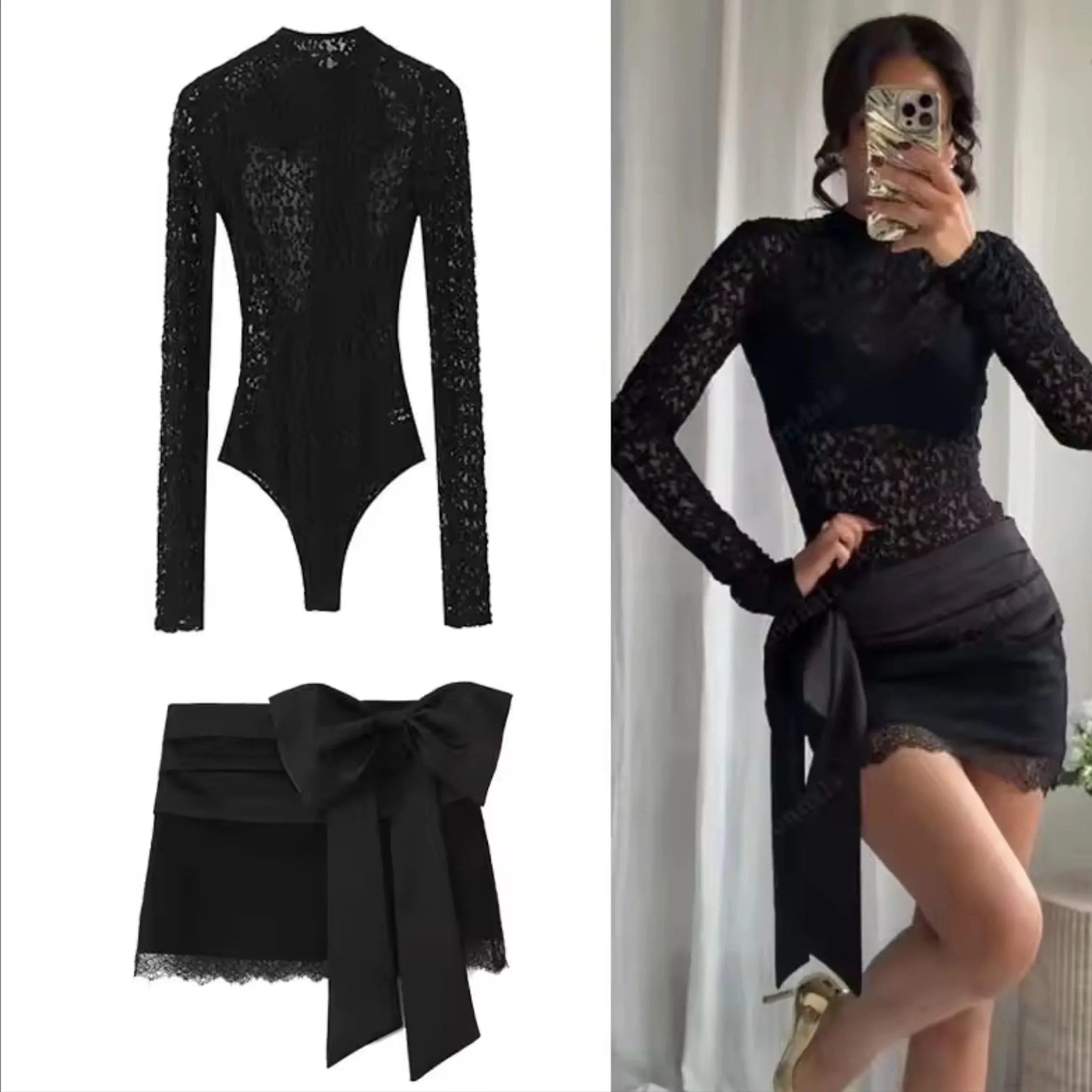 Women 2025 Autumn New Lace Bodysuit Women's Bodysuit Black Cutwork O-Neck Long Sleeves Bodysuits+Splicing Mini Skirt Suit