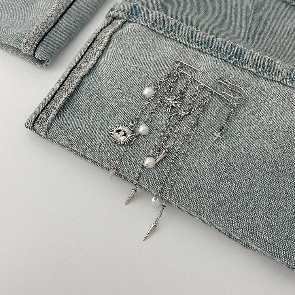 Fashion Evil Eye Pearl Brooch Detachable Tassel Fixed Clothes Pin Waist Buckle Button Clasps Trouser Leg Decorative