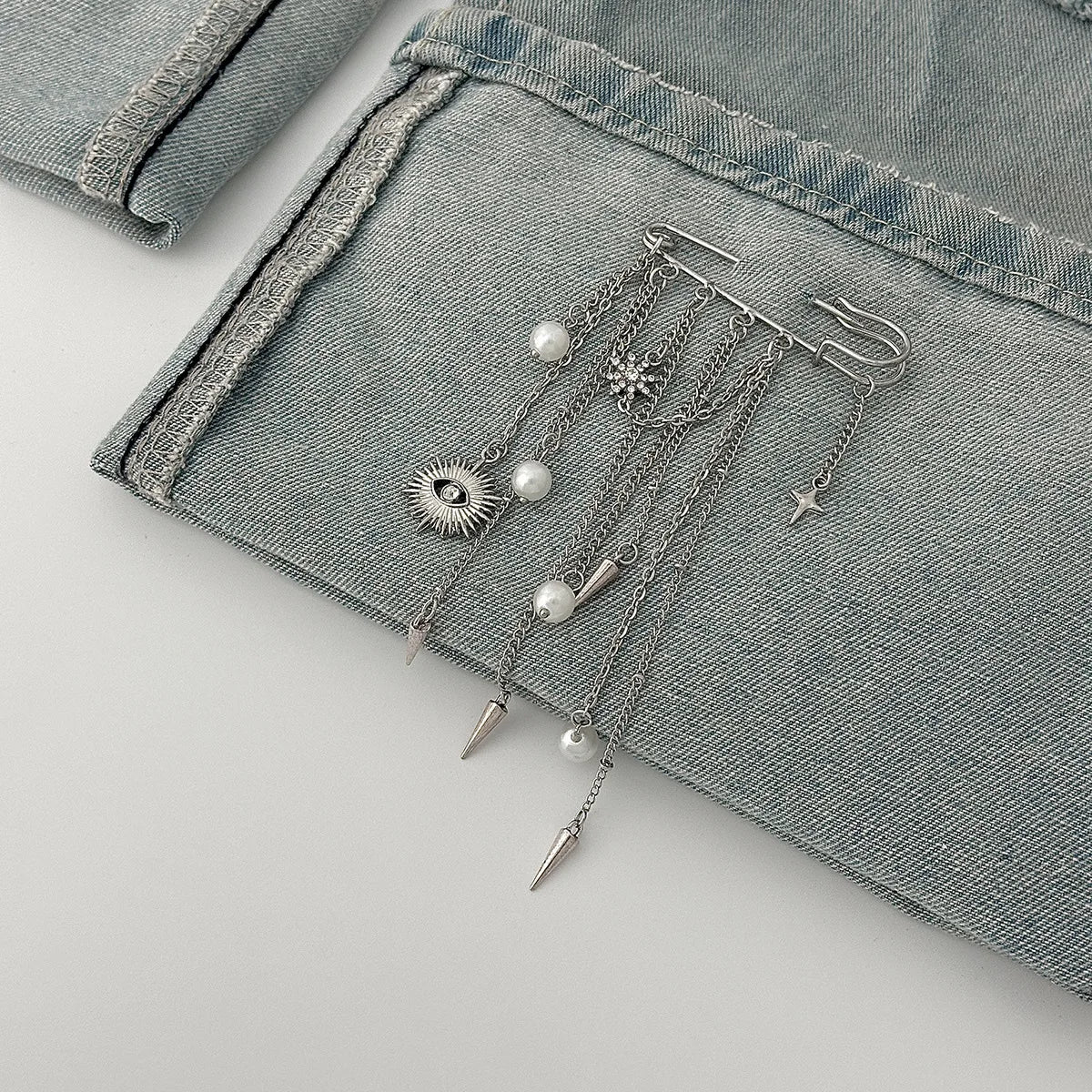 Fashion Evil Eye Pearl Brooch Detachable Tassel Fixed Clothes Pin Waist Buckle Button Clasps Trouser Leg Decorative