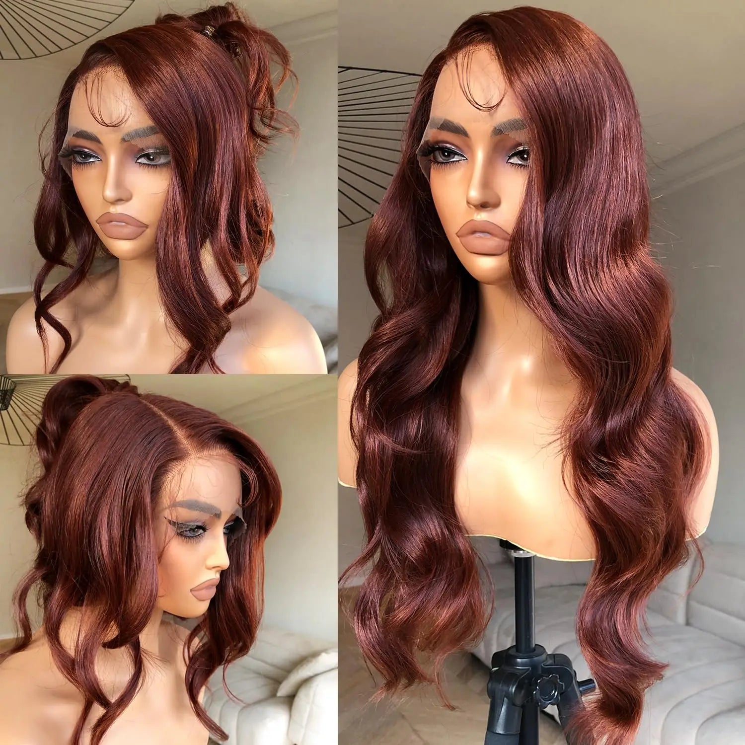 13x6 Reddish Brown Women's Wigs Synthetic Lace Front Wig Red Body Wave Lace Frontal Wig Glueless Pre Plucked With Baby Hair Wig