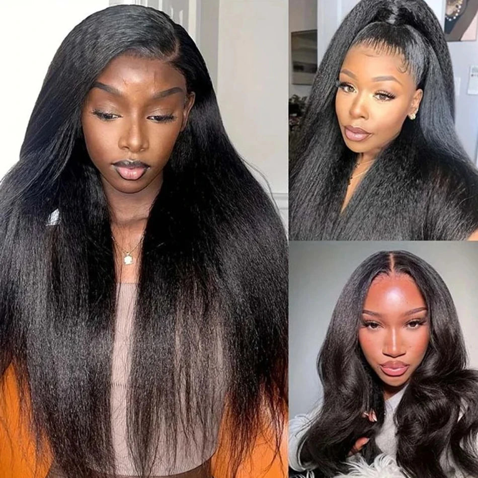 250 Density 13x6 HD Lace Frontal Yaki Straight Glueless Human Kinky Hair Pre Plucked Transparent Perruque Cheveux Humains
