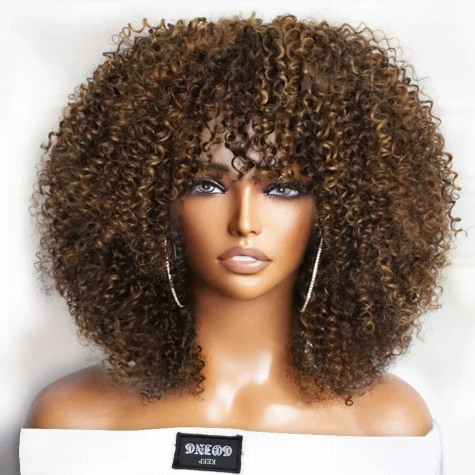 Brazilian Short Curly Human Hair Wig Natural Brown Color Afro Kinky Curly Human Hair Wigs with Bangs Wear To Go Glueless Wig